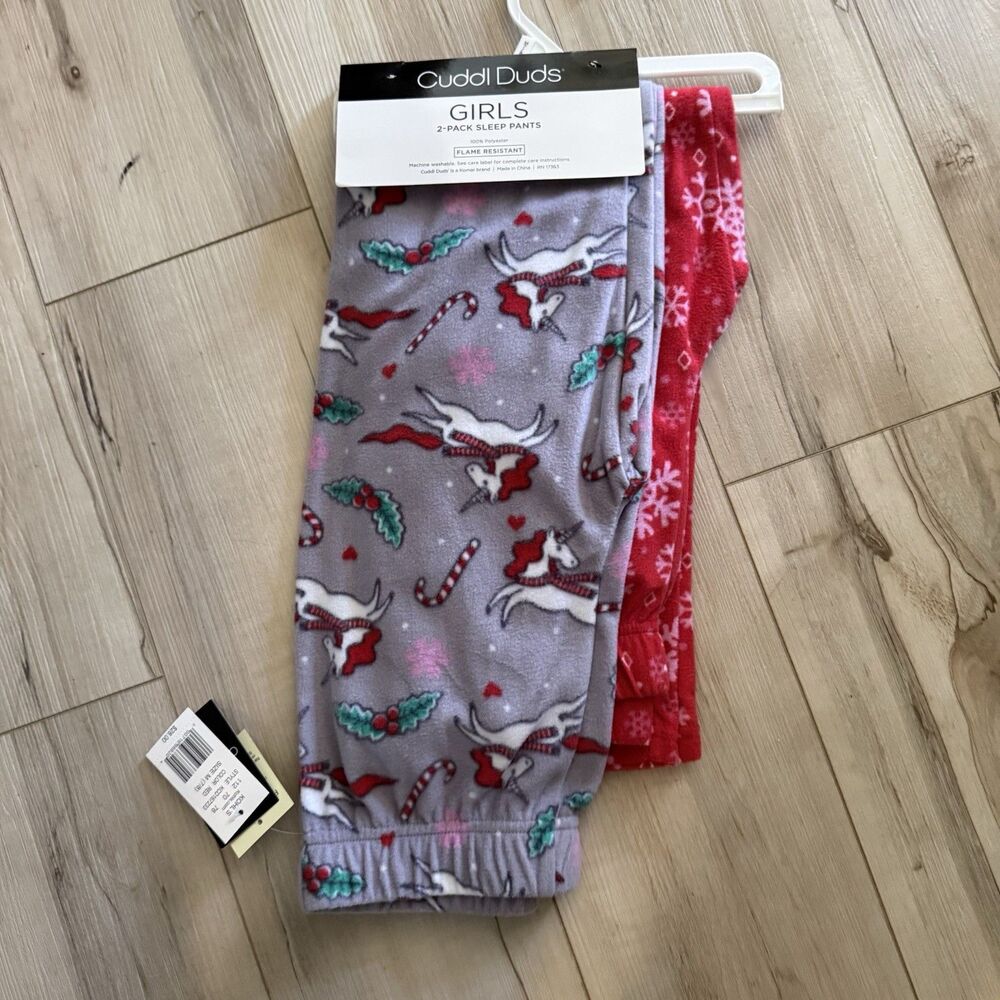 NWT Girl's Cuddl Duds 2 Pack Polyester Holiday Christmas Unicorn Sleep Pants 7/8